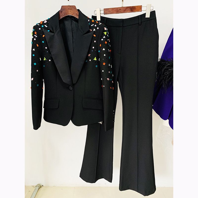 Women's Clothing fashion new heavy duty nail beads diamond slim fit suit jacket flared trousers suit two pieces_mkmklike.com