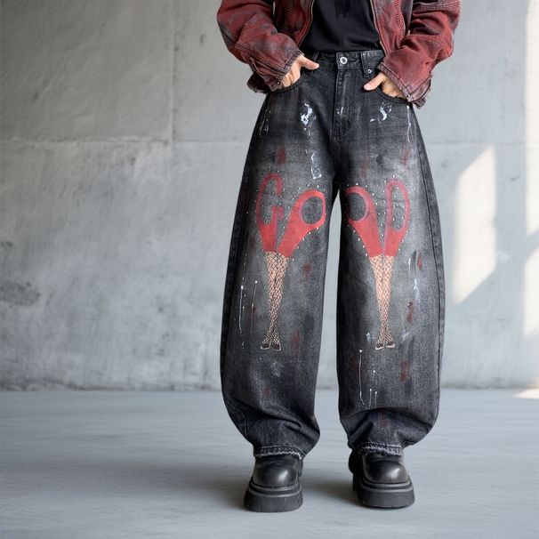 Men's Clothing Men's Trendy Black Washed Graffiti Jeans American Style Loose Fit Straight Leg Curved Blade Design_mkmklike.com