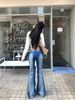 Real Shot Of Plus-size Washed Distressed Rivet Flared Jeans For Women, Low-waisted, Slim-fit, Slimming, Wide-leg Pants_mkmklike.com
