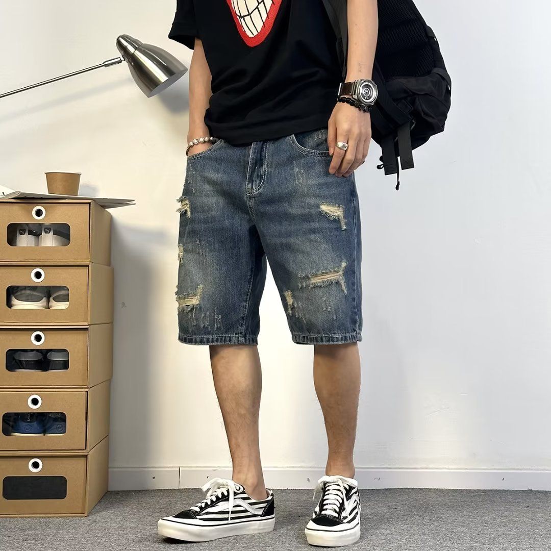 Men's Clothing Casual Straight Leg Denim Shorts Mid-Length Harem Trendy Brand Versatile Loose Fit Five Point Summer Pants_mkmklike.com