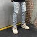 YOJOOCREW Men's American Style Loose Fit Jeans Casual High Street Ripped Couple Denim Irregular_mkmklike.com