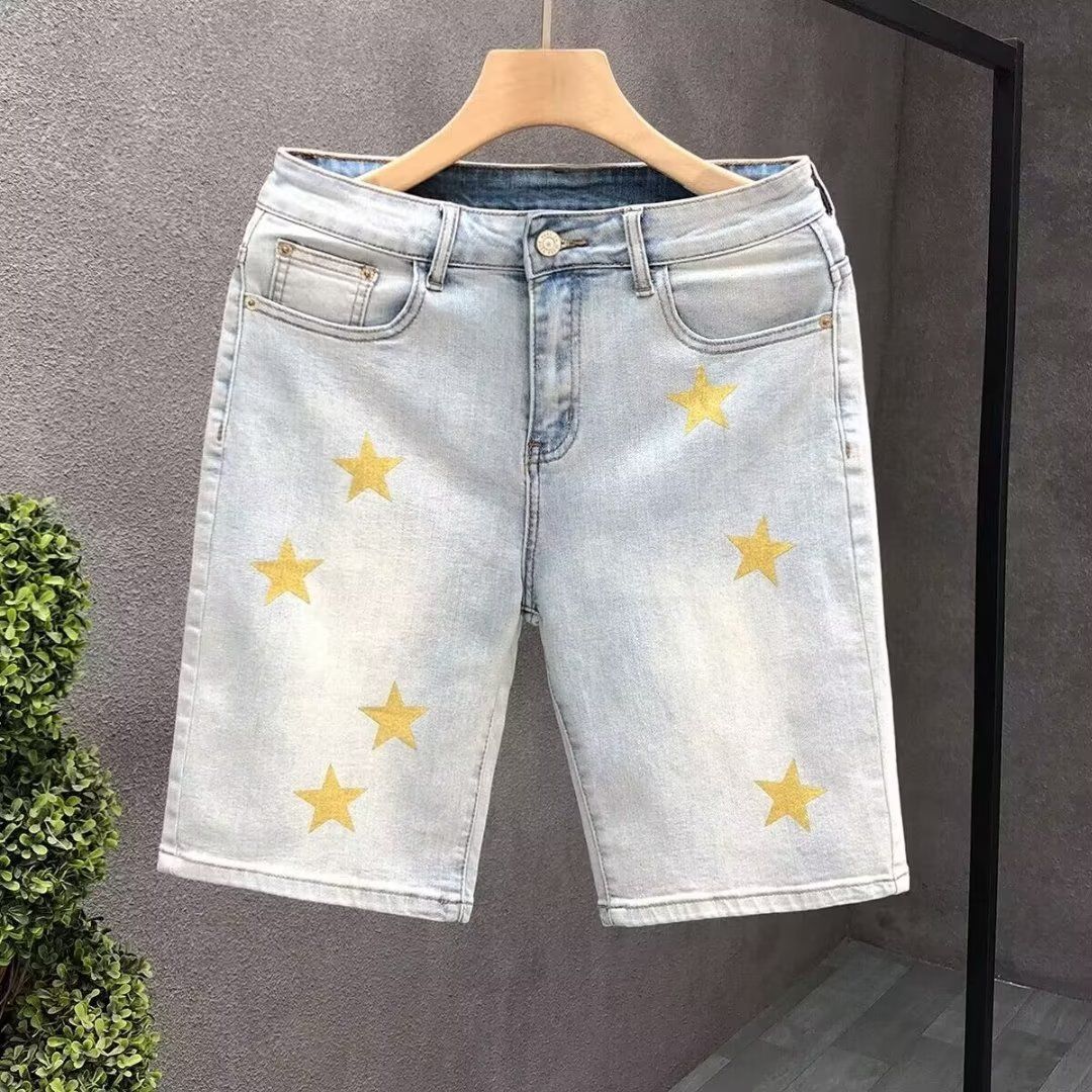 Men's Star-Print Denim Shorts Vintage American Style Distressed Casual Summer Light Blue Wash 5 Inch Size 28 to 36_mkmklike.com