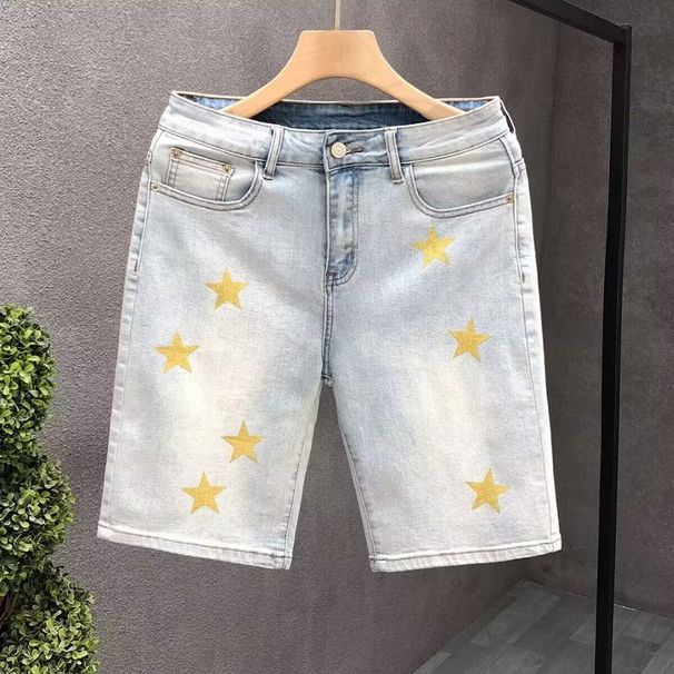 Men's Star-Print Denim Shorts Vintage American Style Distressed Casual Summer Light Blue Wash 5 Inch Size 28 to 36_mkmklike.com
