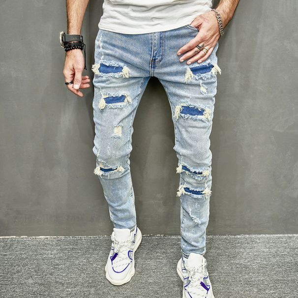 Men's Clothing denim high street trendy brand ripped slim fit small foot elastic jeans men's slim fit_mkmklike.com