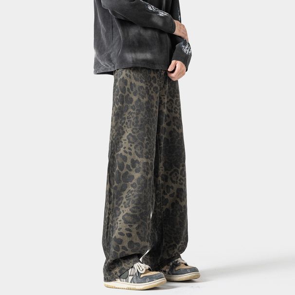 American High Street Leopard Print Jeans For Men, Spring And Autumn Style, Loose Straight Pants, Trendy Brand, Stylish_mkmklike.com