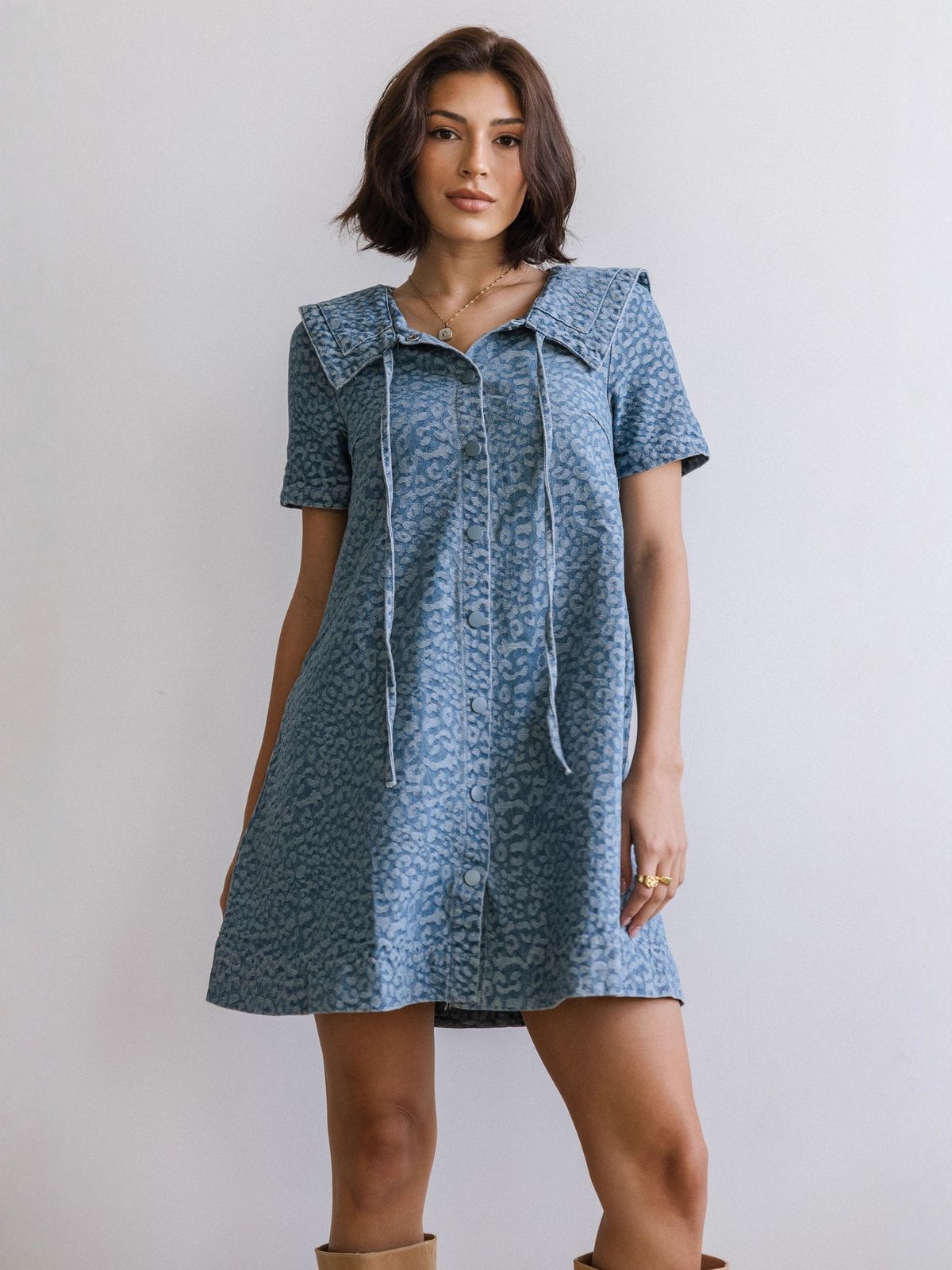 2026 Fashion And Leisure Leopard Pattern Slim Short Sleeved Women's Cowboy Dress 89316_mkmklike.com