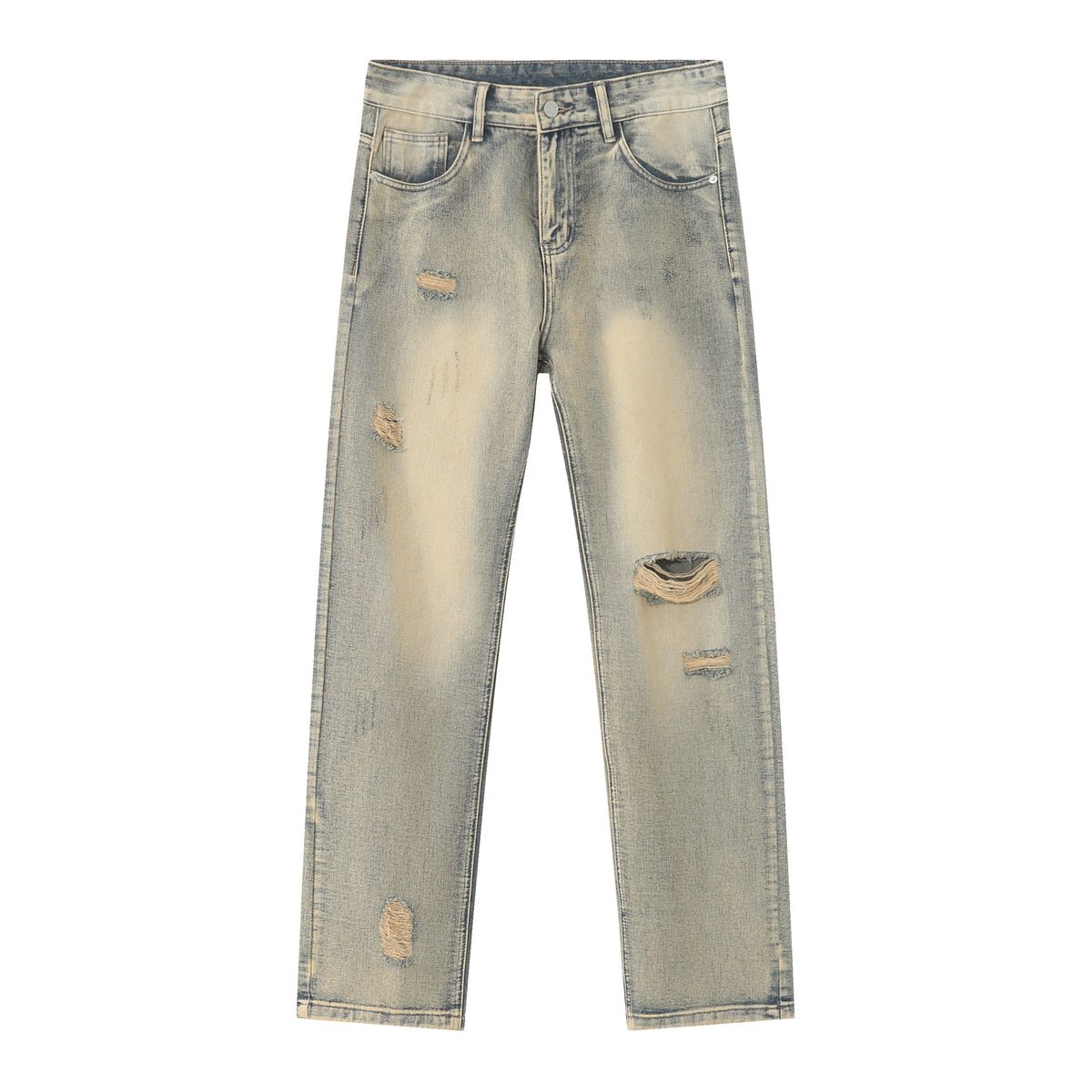 EF JEANS | 2023 Four-season New Casual Straight Korean Version Slim-fit Ripped Mud Yellow Denim Trousers For Men And Women_mkmklike.com