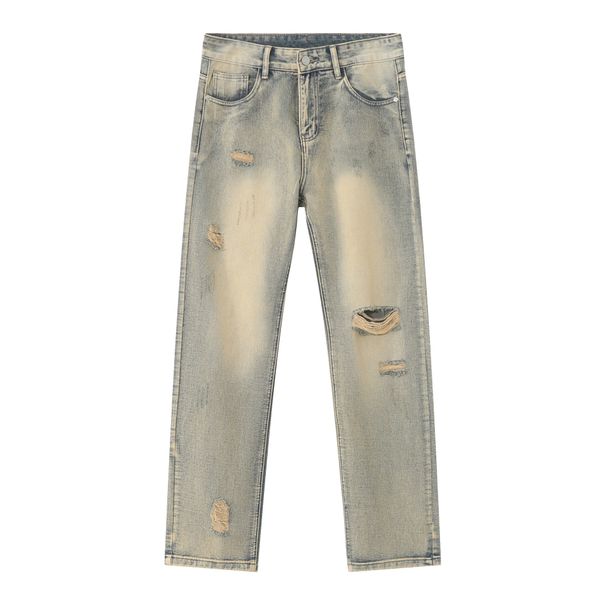 EF JEANS | 2023 Four-season New Casual Straight Korean Version Slim-fit Ripped Mud Yellow Denim Trousers For Men And Women_mkmklike.com