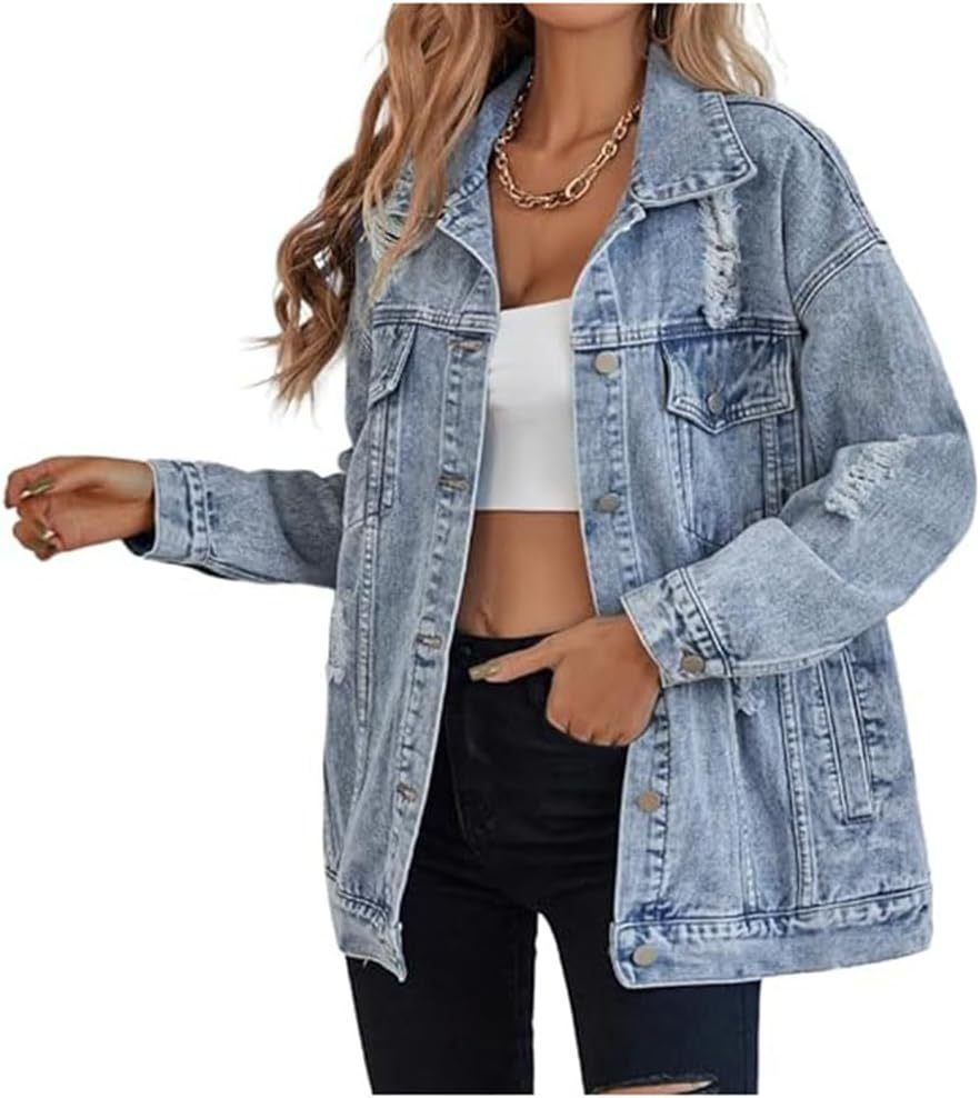 Women's Oversized Denim Jacket New Boyfriend Style Ripped And DistressedRelaxed Everyday Wear Comfortable Feshion_mkmklike.com