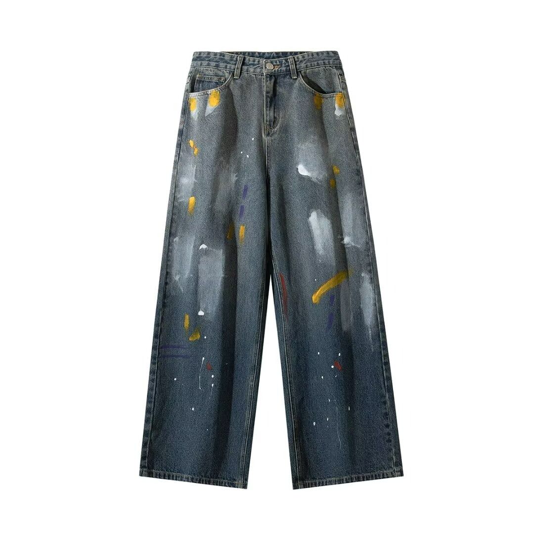Men's Checkered Jeans - Retro American Style Wide Leg Loose Fit Straight Pants For Big & Tall, Summer & Autumn Casual Trousers_mkmklike.com