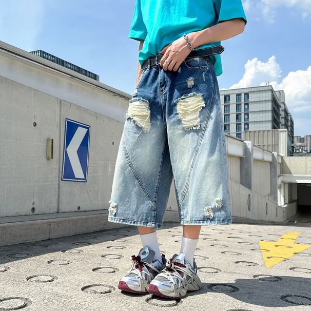 Vintage Washed Distressed Denim Capri Pants – Streetwear Retro Cut-Off Jeans (Relaxed Fit, Frayed Hem, Cropped Straight Leg, Unisex Summer Staple)_mkmklike.com