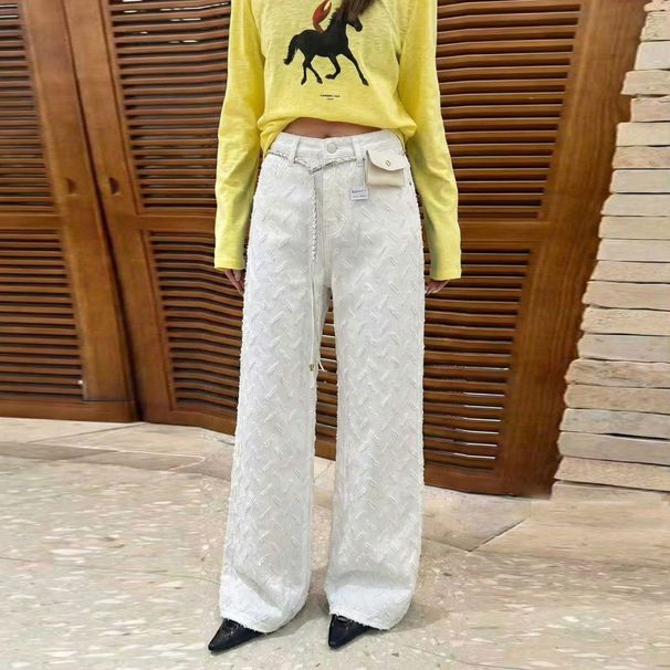 Women's High-Waisted Wide-Leg Jeans With Jacquard Pattern - Loose Fit Stretch Denim Pants, Vintage Washed Blue & White Casual Palazzo Pants_mkmklike.com