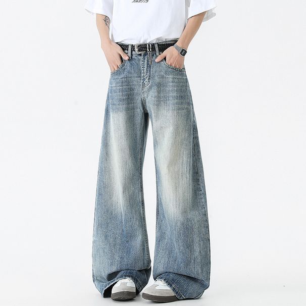 Sanmu Washed Curved Knife Jeans Men's Spring American High Street Loose Hanging Straight Casual Pants_mkmklike.com