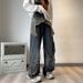 BOY Lushangshuai Oversize Men's American High Street Frayed Jeans Loose Straight Wide-Leg Cargo Pants Trendy_mkmklike.com