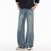 Unisex Retro Distressed Washed Straight Leg Jeans Design Slanted Placket Button Trousers Loose Floor Length_mkmklike.com