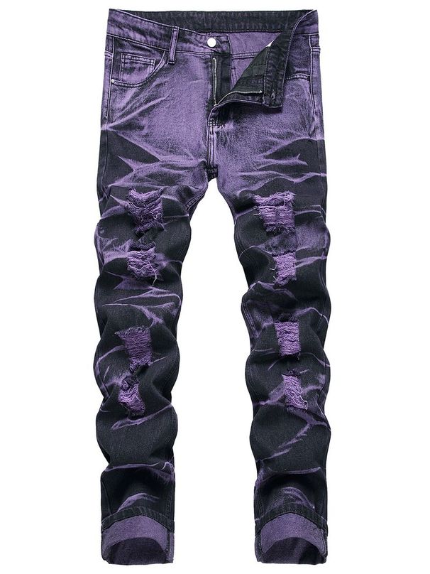 High-quality Trendy Personalized Purple And Black Ripped Denim Trousers_mkmklike.com