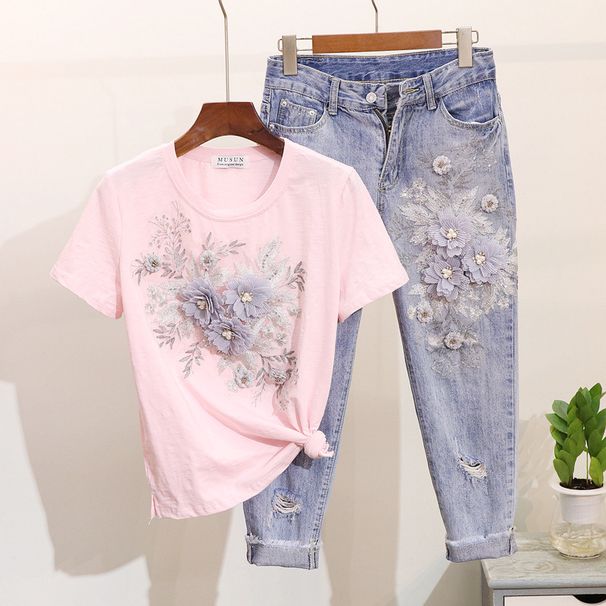 Women's Clothing Denim Suit Summer Beaded Embroidered Three Dimensional Flower Short Sleeved T Shirt Ripped Nine Point Jeans_mkmklike.com