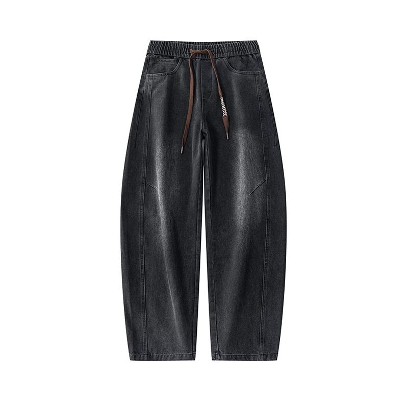 Men's Relaxed Fit Drawstring Jeans – Distressed Washed Denim Pants (Blue/Black, Cotton Blend, Wide-Leg Streetwear, Unisex Casual Style)_mkmklike.com