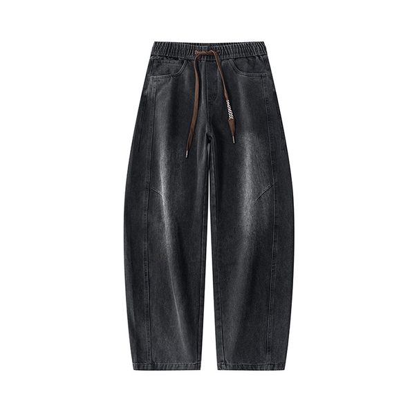 Men's Relaxed Fit Drawstring Jeans – Distressed Washed Denim Pants (Blue/Black, Cotton Blend, Wide-Leg Streetwear, Unisex Casual Style)_mkmklike.com