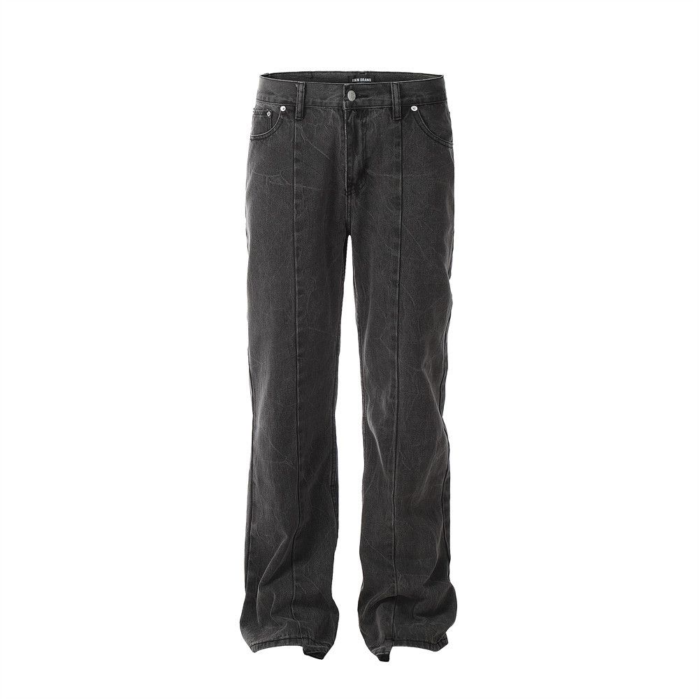 Washed Frayed Hem Denim Pants Men Irregular Patchwork Pocket Design Straight Wide Leg Trousers Streetwear American Style_mkmklike.com