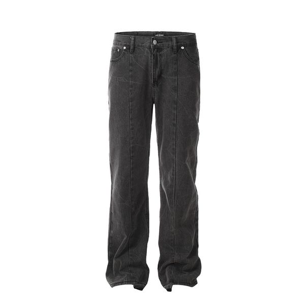 Washed Frayed Hem Denim Pants Men Irregular Patchwork Pocket Design Straight Wide Leg Trousers Streetwear American Style_mkmklike.com