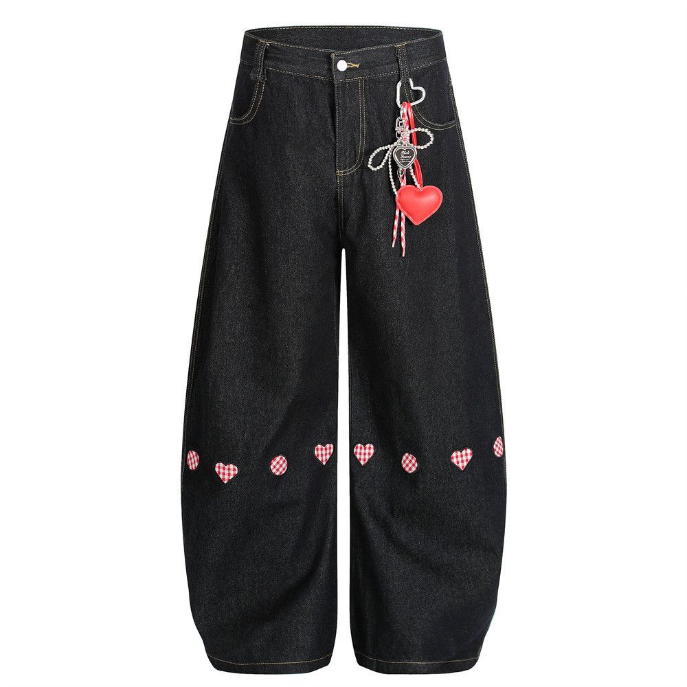 With Pendant Heart Patch Embroidery Wide-Leg Jeans Men's Scimitar INS Trendy Brand Personality Loose Long Pants_mkmklike.com