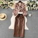 Women's Clothing Hong Kong style chic suit collar floral chiffon shirt high waist tight PU leather skirt female high end outfit two piece suit_mkmklike.com
