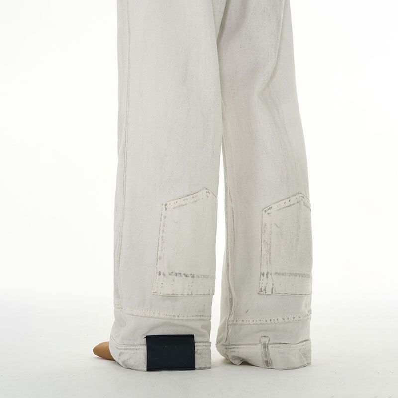 "Men's Vintage Loose Straight Leg Tie-Dye Dirty Jeans - High-End Streetwear Distressed Denim Pants With Reverse Stitching & Urban Grunge Aesthetic"_mkmklike.com