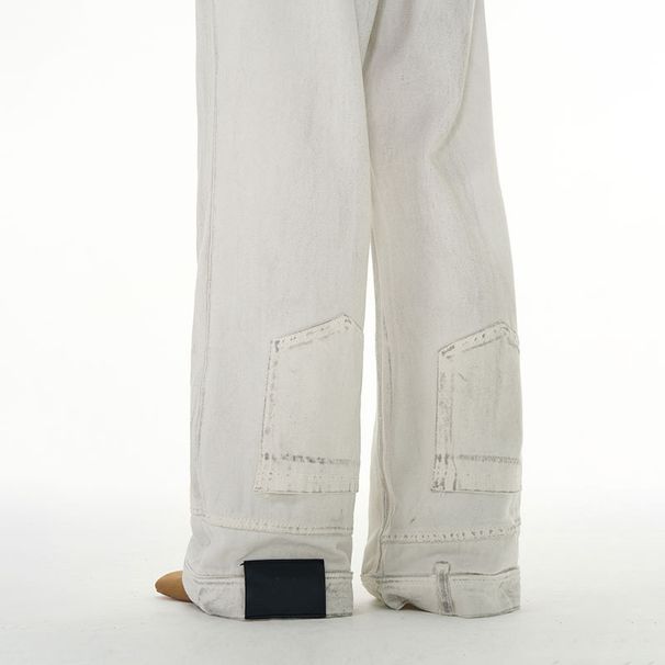 "Men's Vintage Loose Straight Leg Tie-Dye Dirty Jeans - High-End Streetwear Distressed Denim Pants With Reverse Stitching & Urban Grunge Aesthetic"_mkmklike.com