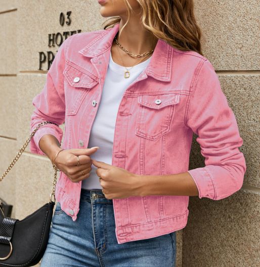 Women's Clothing Fashion Slim Lapel Denim Jacket One Piece Solid Color All Match_mkmklike.com