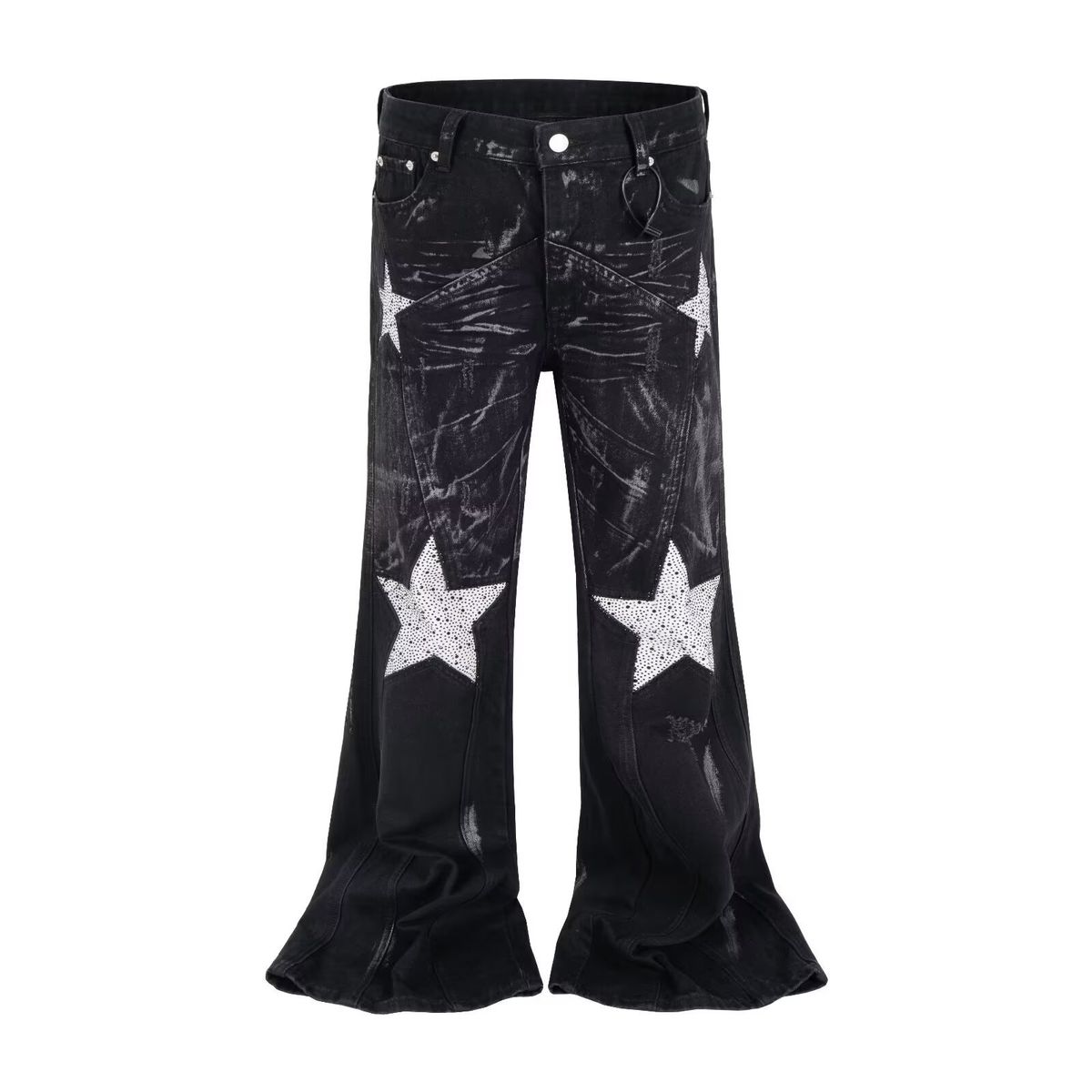 Black Star-Embroidered Streetwear Jeans – Relaxed Straight Fit, Vintage Wash, Urban Unisex Style_mkmklike.com