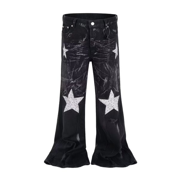 Black Star-Embroidered Streetwear Jeans – Relaxed Straight Fit, Vintage Wash, Urban Unisex Style_mkmklike.com