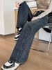 American-style High-end Petite Women's Jeans, Size 150, Fleece-lined, Black And Gray, Wide-leg, Loose-fitting, Slimming,_mkmklike.com