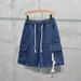 Men's Large Pocket Cargo Denim Shorts High Street Drawstring Riding Pants Loose Five Point Trendy Summer Casual_mkmklike.com