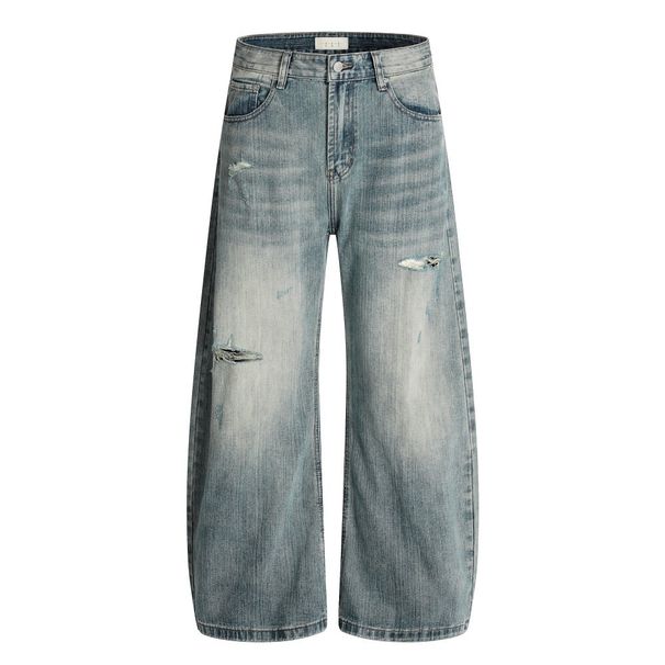 Loose Fit Distressed Washed Jeans For Men American Street Style Vibe Wide Leg Frayed Vintage Casual Long Pants_mkmklike.com