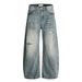 Loose Fit Distressed Washed Jeans For Men American Street Style Vibe Wide Leg Frayed Vintage Casual Long Pants_mkmklike.com