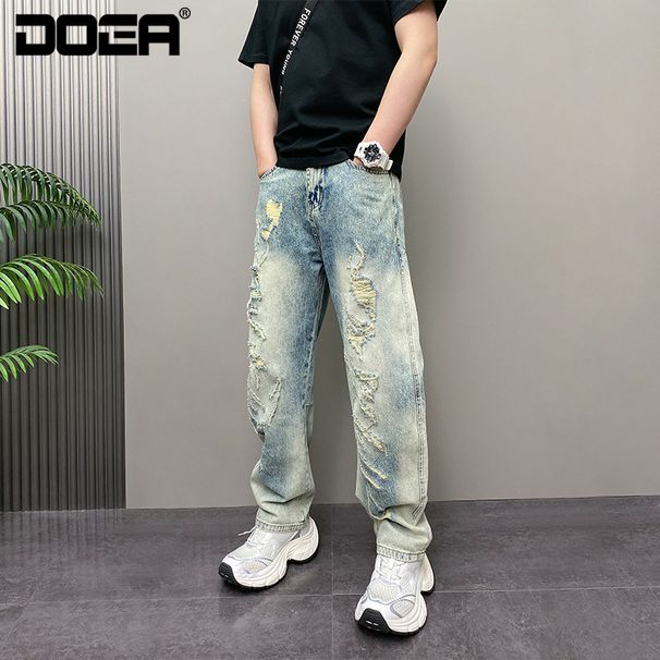 Men's Distressed Light Wash Denim Jeans – Vintage High Street Straight-Leg Pants With Ripped Details (Blue, Sizes 28-36)_mkmklike.com