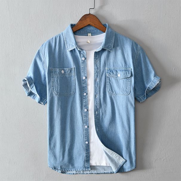Summer Men's Solid Color Cotton Denim Casual Short Sleeved Shirt_mkmklike.com