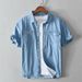 Summer Men's Solid Color Cotton Denim Casual Short Sleeved Shirt_mkmklike.com