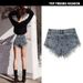 Women's Clothing Women's Slim High Waist Worn Irregular Leaky Pockets Tassel Snowflake Nostalgic Denim Shorts_mkmklike.com