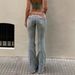 Women's American Style Low Rise Color Block Patchwork Flared Jeans Vertical Stripe Seam Stretch Washed Light Blue Denim_mkmklike.com