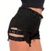 Black Denim Shorts For Women Frayed Edges Style Adjustable Elastic Waist Metal Buckle_mkmklike.com