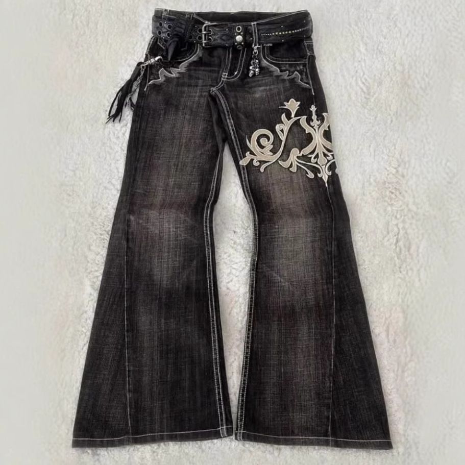 Y2K Punk Streetwear Jeans For Women - Distressed Embroidered Flared Pants With Gothic Style, Low-Rise & Vintage Design_mkmklike.com