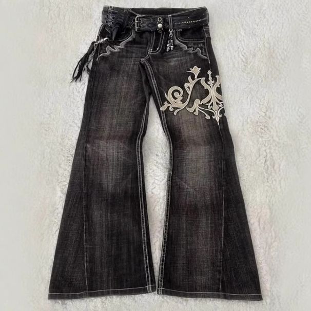 Y2K Punk Streetwear Jeans For Women - Distressed Embroidered Flared Pants With Gothic Style, Low-Rise & Vintage Design_mkmklike.com