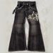 Y2K Punk Streetwear Jeans For Women - Distressed Embroidered Flared Pants With Gothic Style, Low-Rise & Vintage Design_mkmklike.com