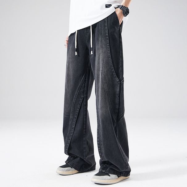Men’s Vintage Washed Denim Pants – Relaxed Wide-Leg Dad Jeans With Distressed Details, Comfortable Cotton Blend For Casual & Streetwear_mkmklike.com