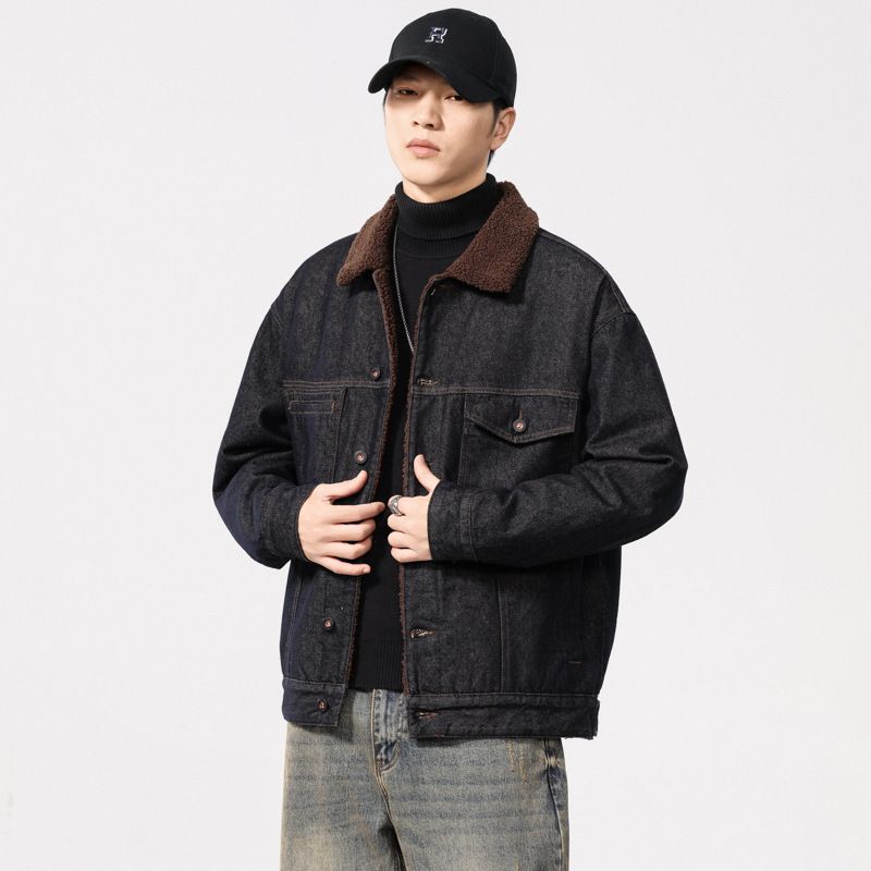 Men's Lambskin Jacket Spring And Autumn 2025 New Cotton Thick Warm Men's Blue And Black Denim Jacket Autumn And Winter Clothes_mkmklike.com