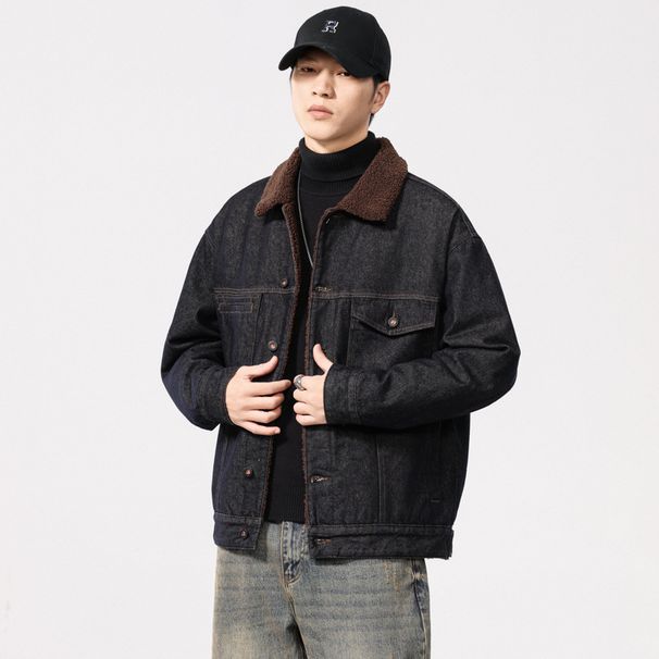 Men's Lambskin Jacket Spring And Autumn 2025 New Cotton Thick Warm Men's Blue And Black Denim Jacket Autumn And Winter Clothes_mkmklike.com