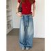 ICC Early Spring New Model Washed Faded Simple Women's Drawstring Loose Wide-leg Jeans 10250_mkmklike.com