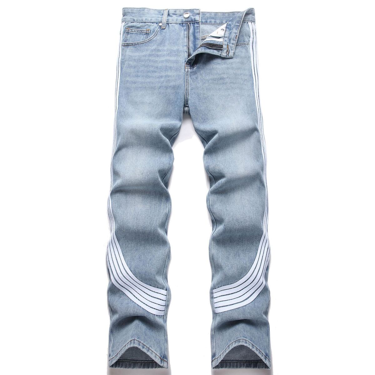 American High Street Youth Harajuku Style Three Stripes Black And Blue Jeans Men's Personality OOTD Outfit Straight Long_mkmklike.com